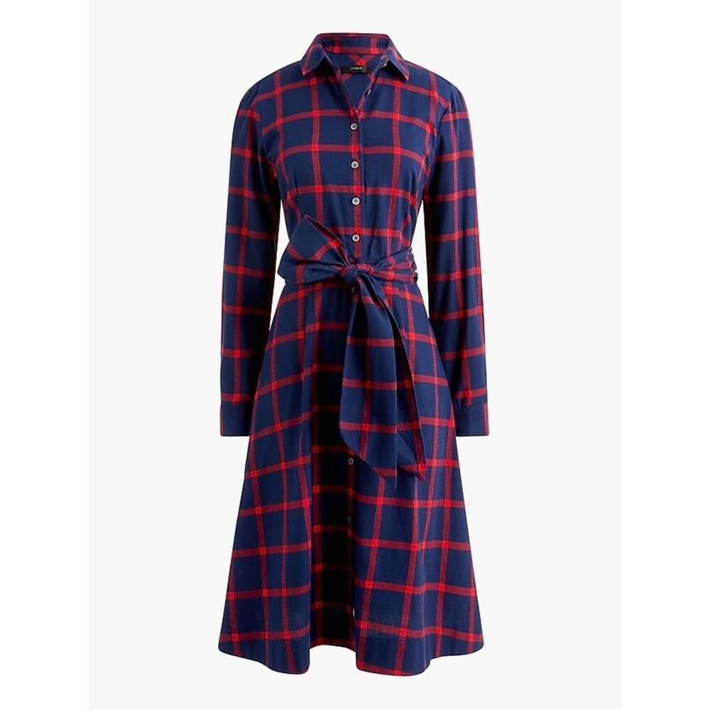 J. Crew BC711 Red Blue Plaid Tie-Waist Flannel Shirt Dress Sz 8
